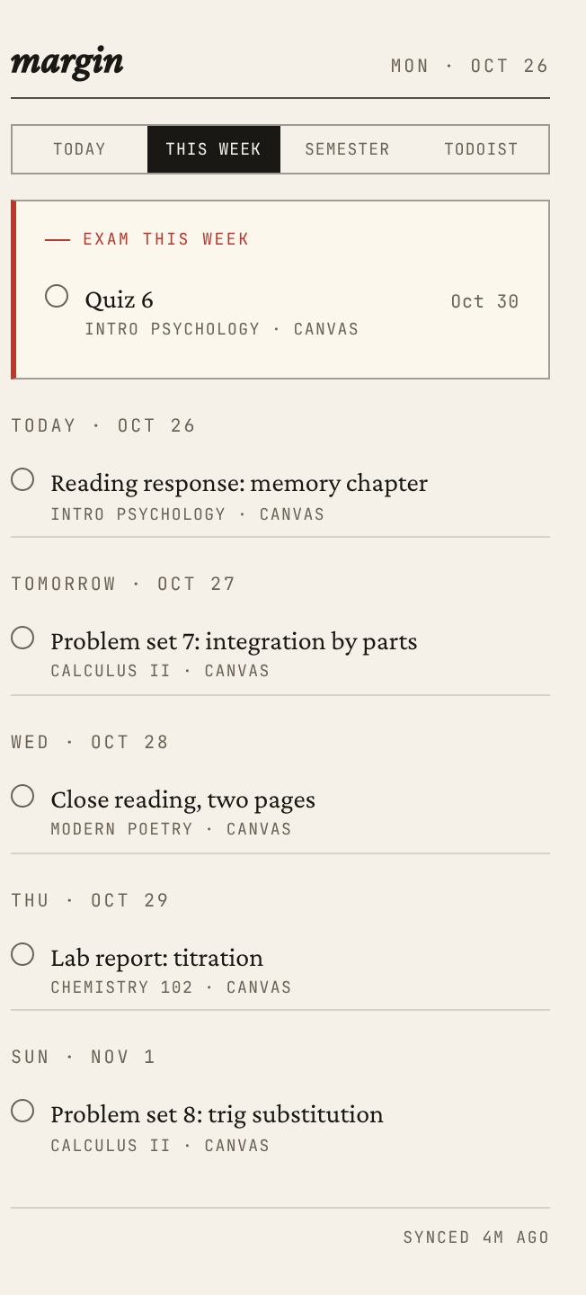 Margin's side panel showing this week's assignments from Canvas, grouped by day.