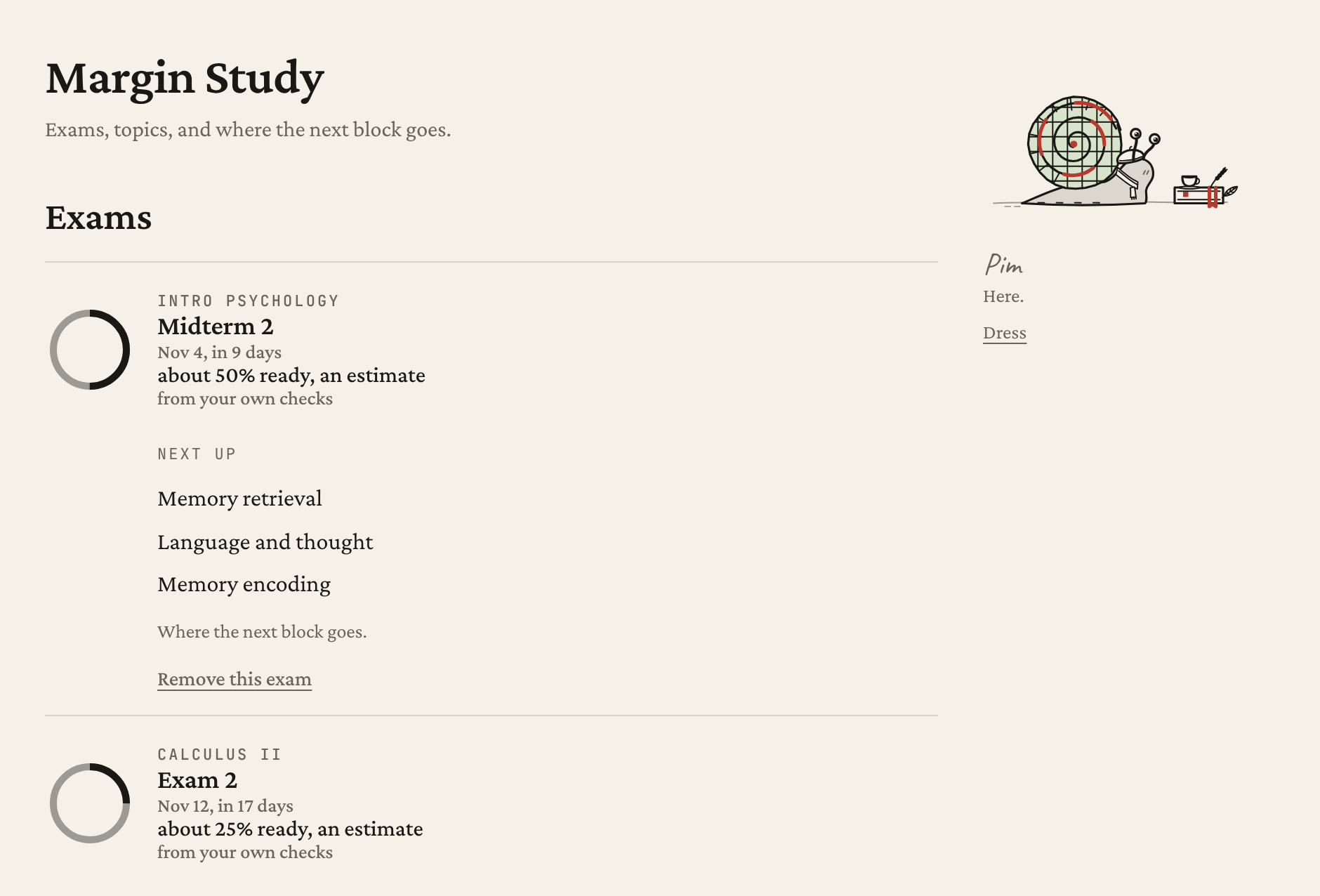 The Margin Study page: Midterm 2 for Intro Psychology in 9 days, about 50% ready, an estimate, with the next topics to study listed under it.