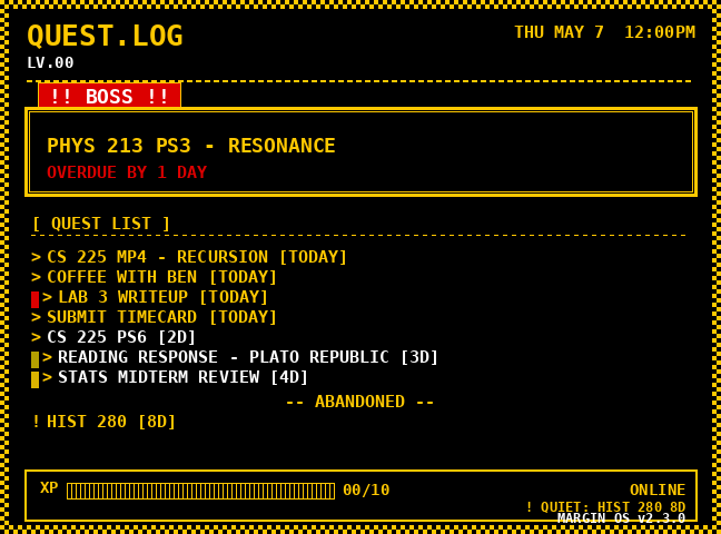 The Retro 8-bit theme: a Game Boy-style quest log in yellow on black, with an overdue boss item and an XP bar.